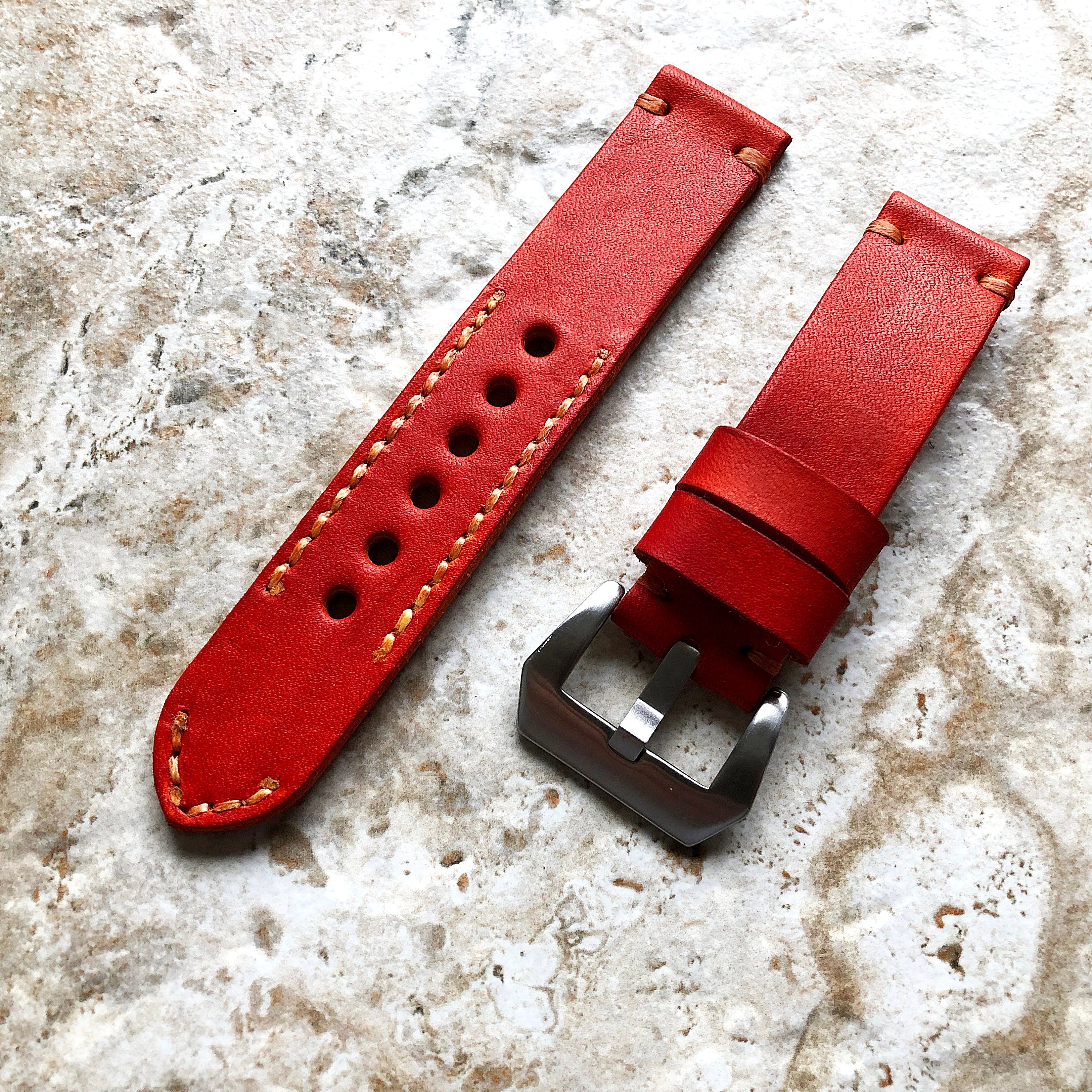 Orange Band 22mm 24mm 25mm Genuine Leather Compatible with Apple Watch Fitbit Versa 2 3 4 Sense 2 Ionic Handmade Strap